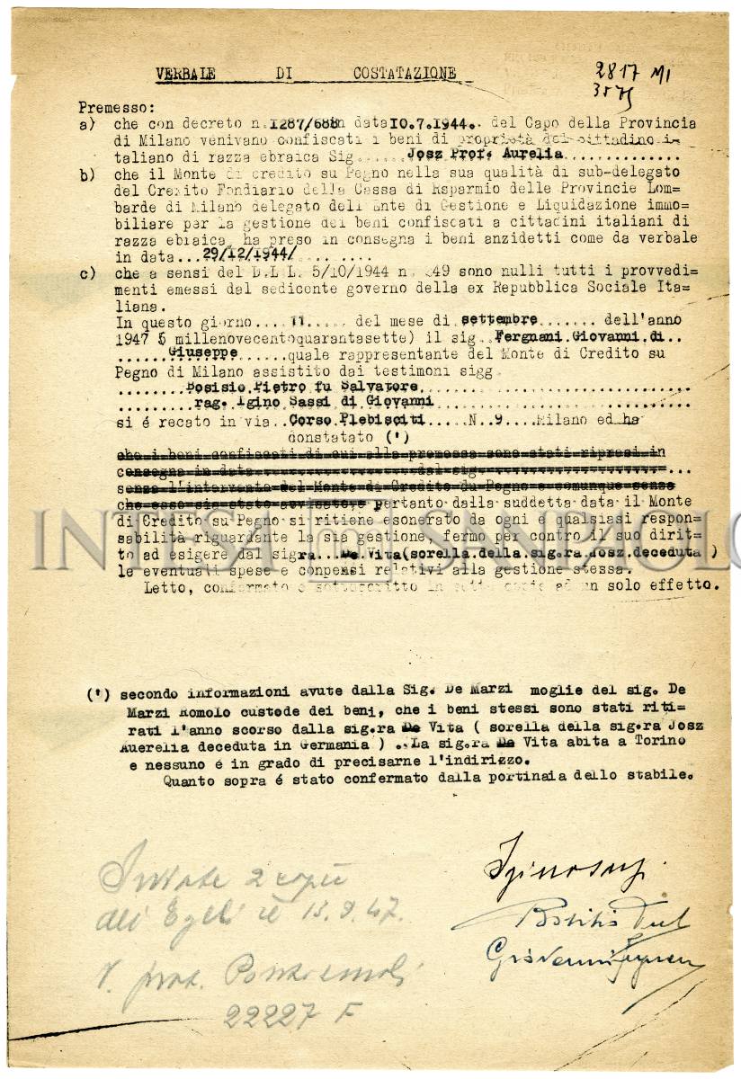 Verbale di constatazione dell'avvenuta restituzione dei beni di Aurelia Josz da parte del Credito fondiario, 11 settembre 1947